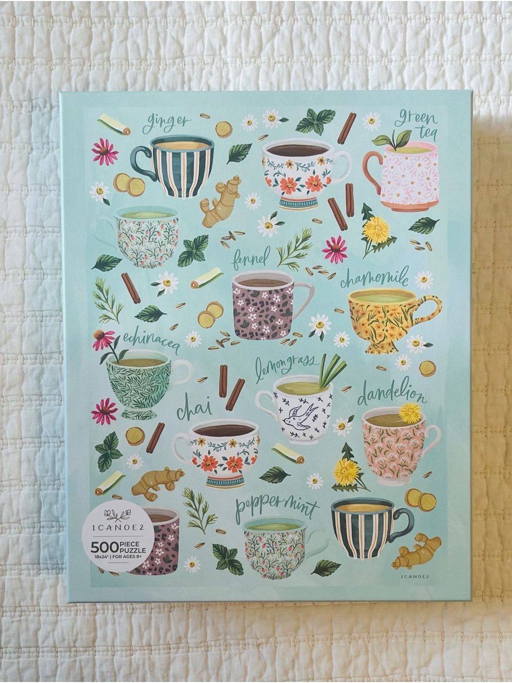ICANOE2 500-Piece Tea Cups Puzzle - Mint Floral Design